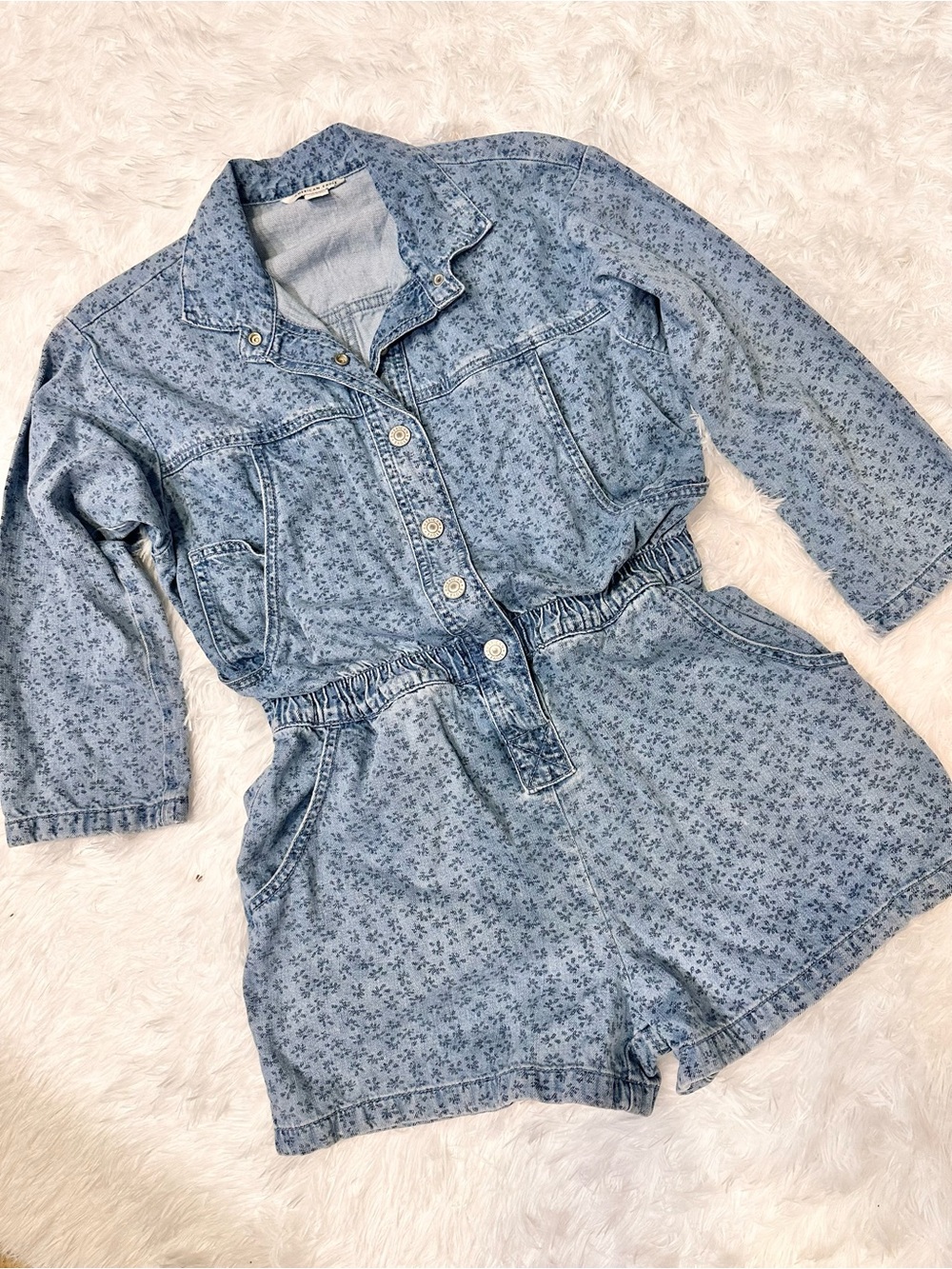 AMERICAN EAGLE 3/4 Length Sleeved Floral Denim Romper
